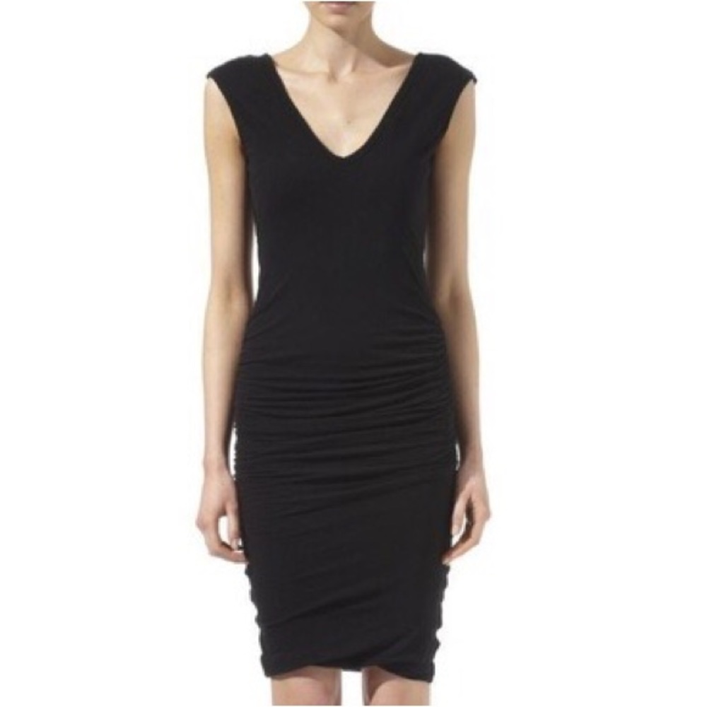 NWT standard James Perse black ruched jersey dress v neck bodycon sheath